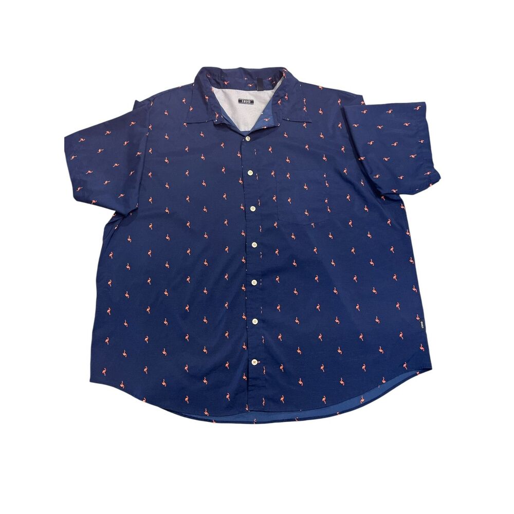 Mens IZOD Flamingo Print Shirt 3XLT Big Tall Navy Button Up Short Sleeve